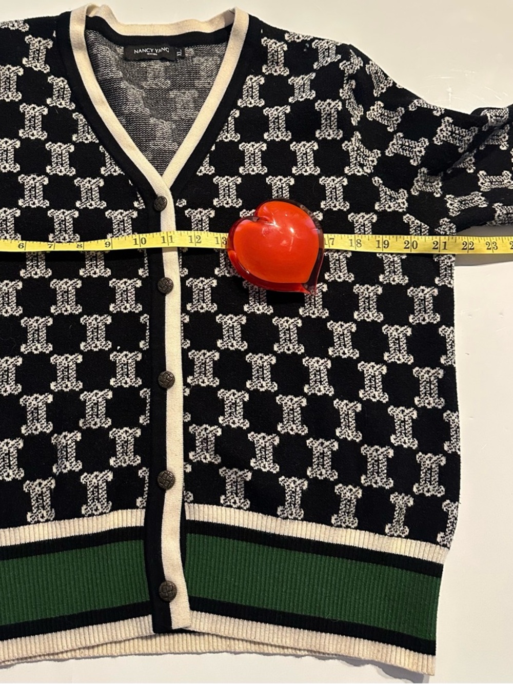 Black and White Patterned V-Neck Cardigan with Green Trim - Picture 5 of 8